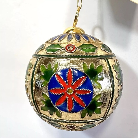 Cloisonné Enamel Ornament Gold Plate Red Blue Green Flower & Holly Artisan Made - Picture 3 of 13